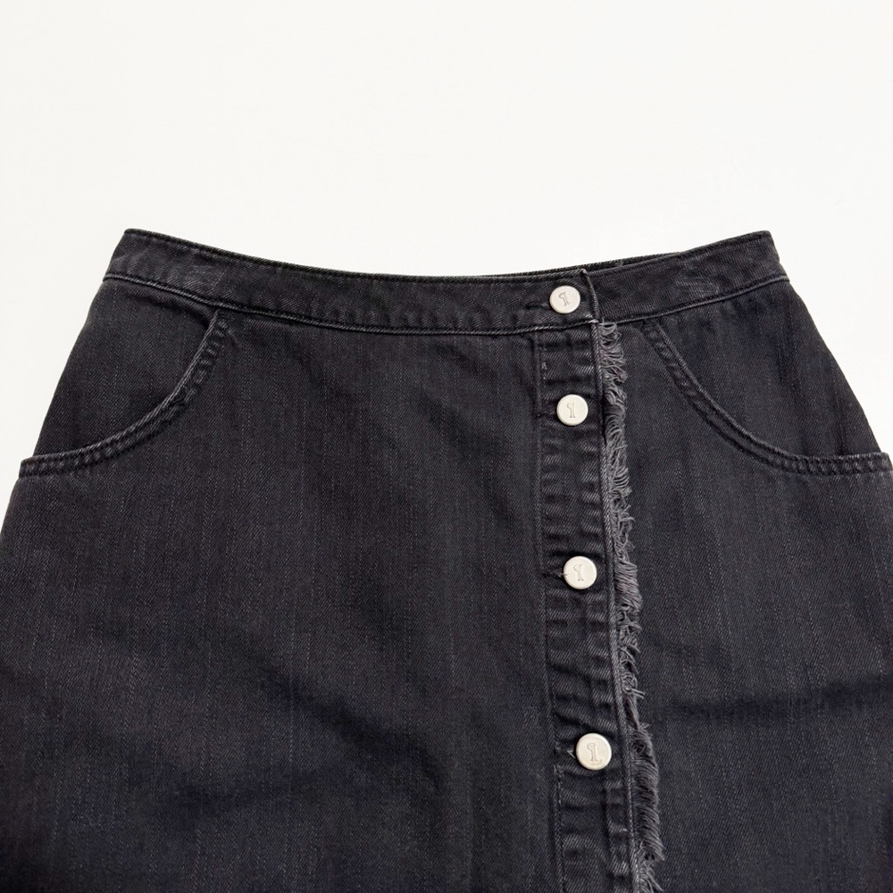 Anthro Pilcro Black Wash Fringe Trim Asymmetric Button Front Jean Skirt - Picture 4 of 12